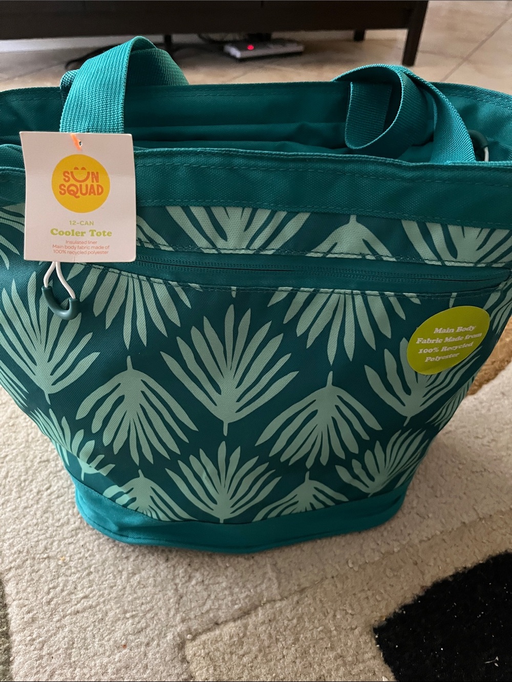 Sun Squad Teal Palm-Print 12 can Cooler Tote